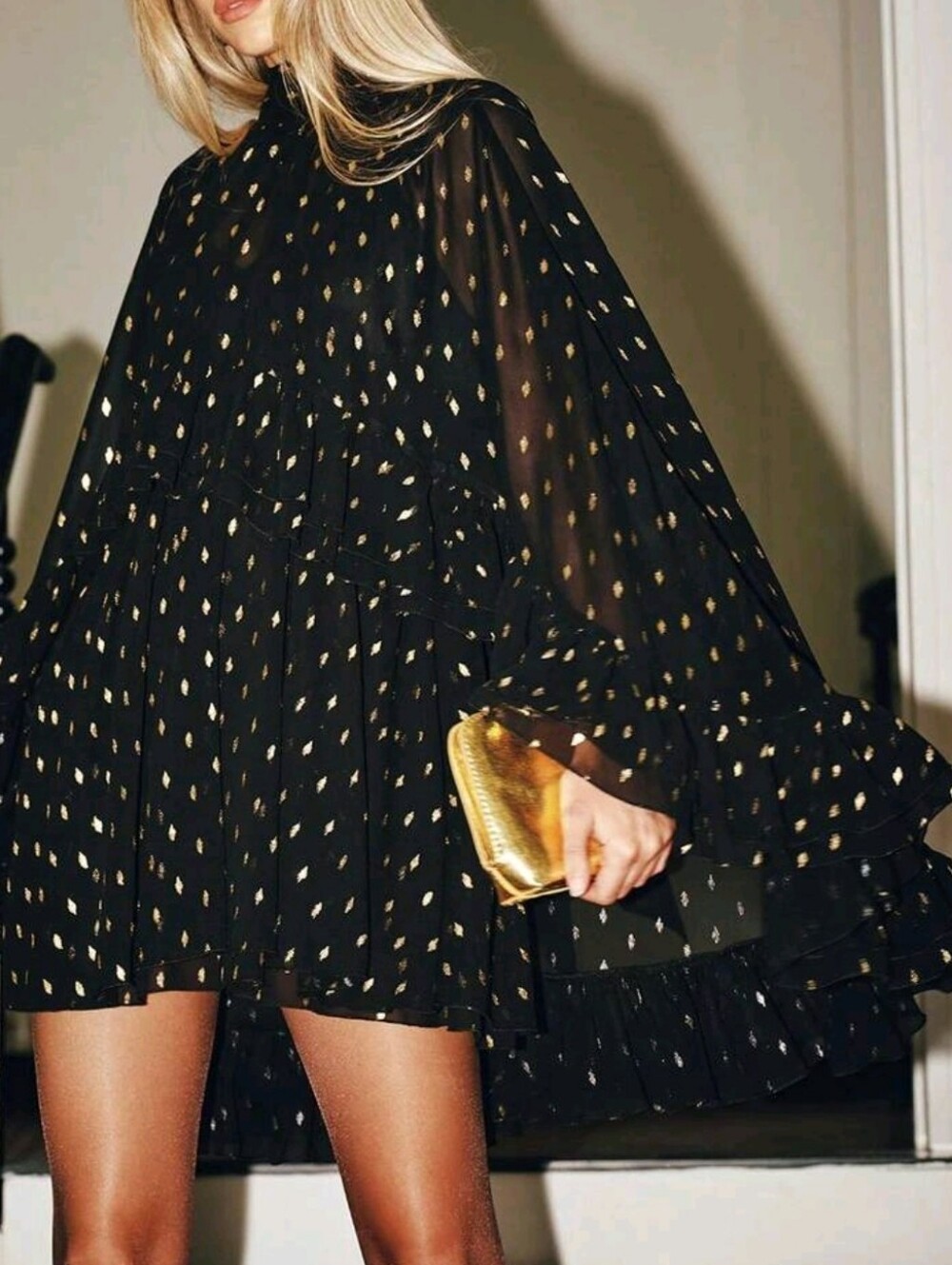 Women's Elegant Gold Foil Polka Dot Ruffle Trim Cover-Up & Cinched Waist Gold Fo